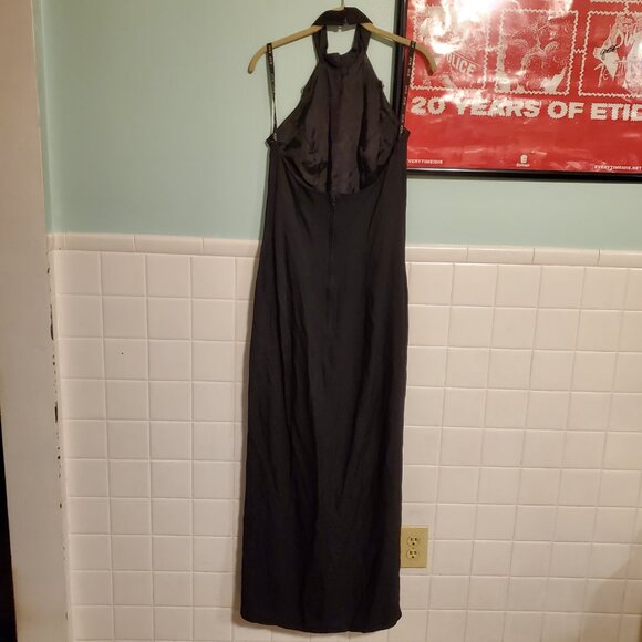 Vintage 80s Formal Black Sequin Halter Neck Side Slit Maxi Dress Goth Retro Glam - Picture 8 of 12